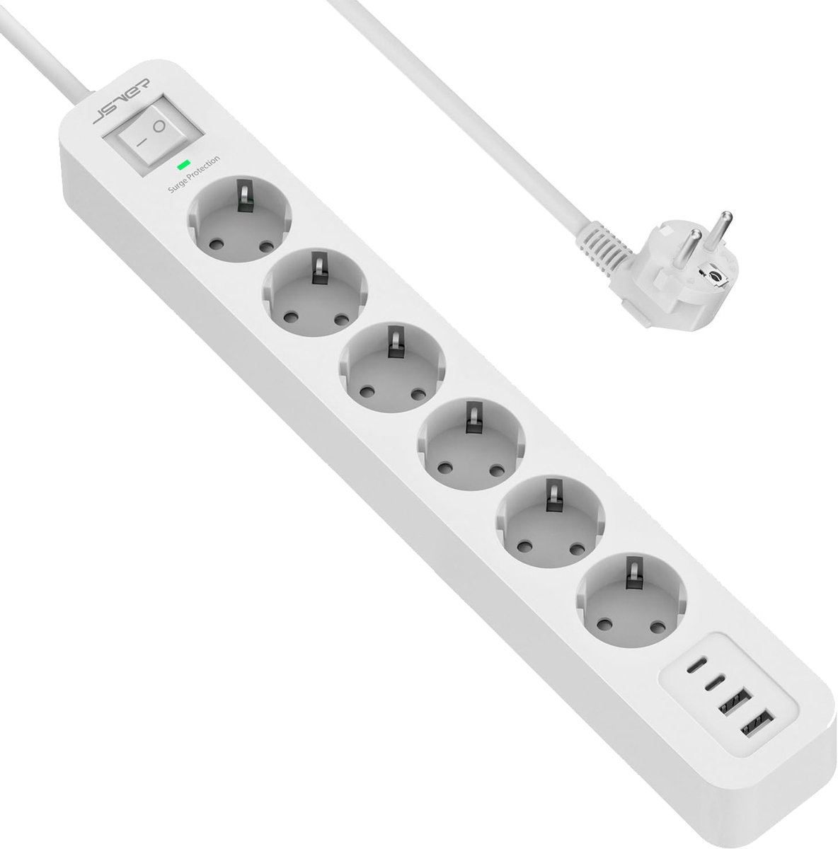 SnelShoppen - 6-Steker Wandmontage Oplader (3680W 16A) met 4 USB Snelladers, Overvoltagebeveiliging en 2M Kabel voor Smartphone, Laptop, Wit