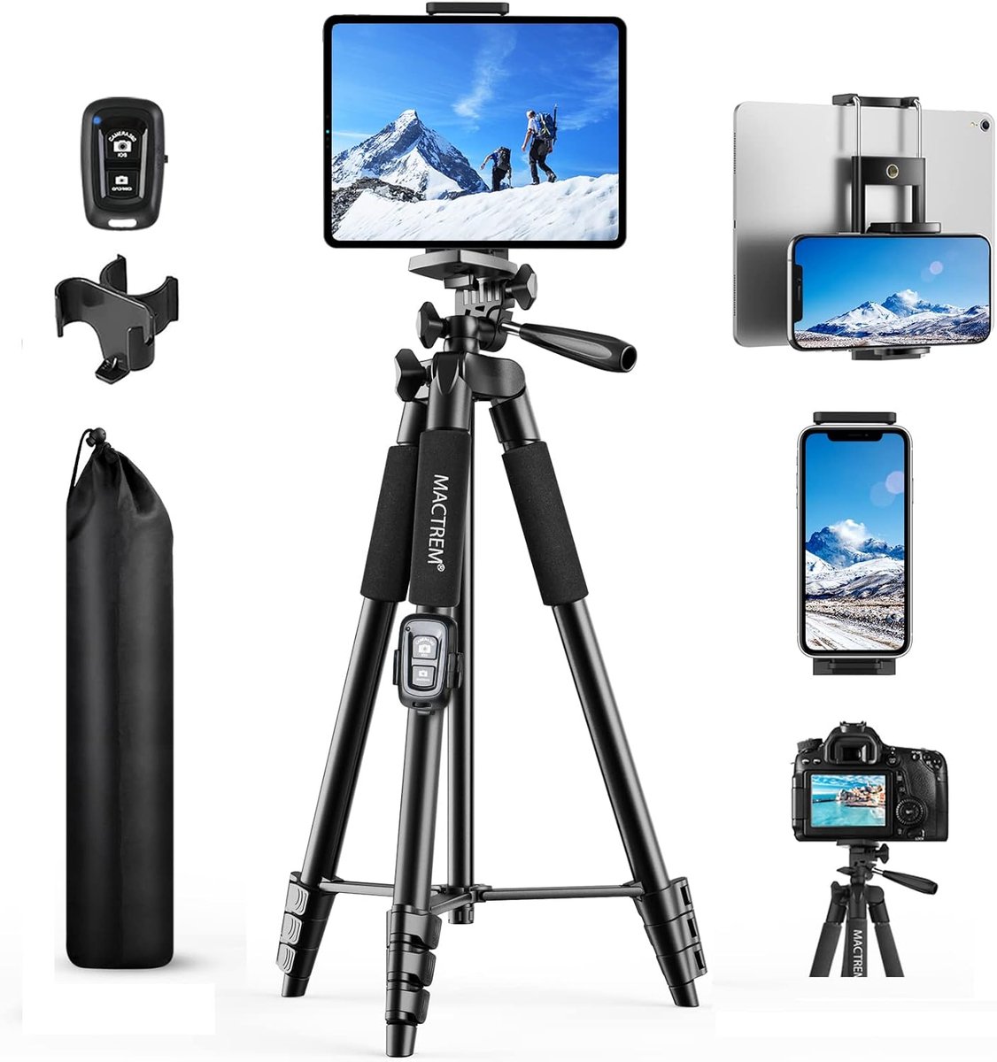 SnelShoppen - Mobile Phone Tripod 165 cm - 65 Inch Camera Statief voor Smartphone, iPad, 360° Rotatie, Draagbaar met Afstandsbediening, Compatibel met