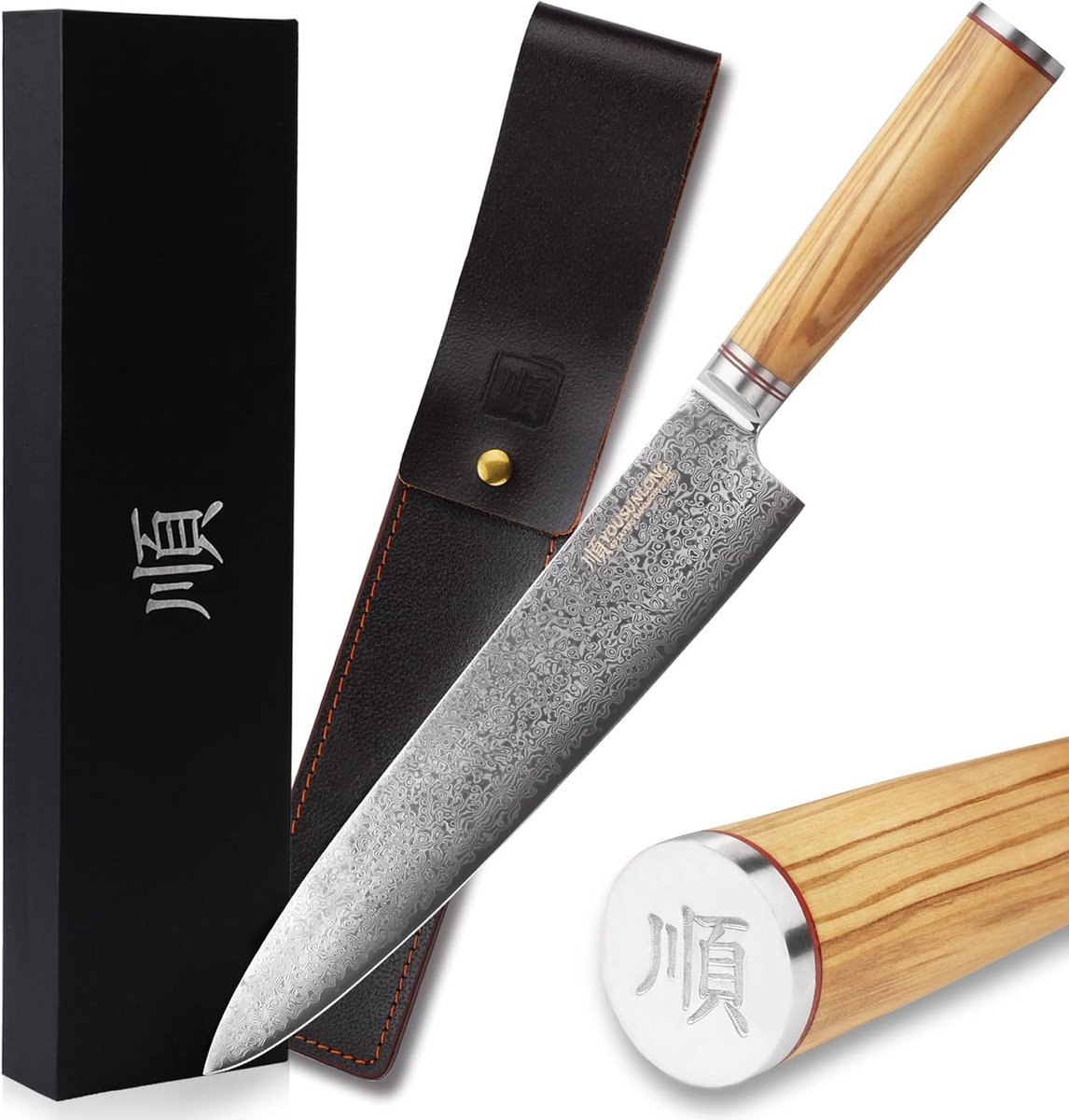 SnelShoppen - Koksmes 10 Inch Japans Hakmes Damaststaal Super Scherp - Italiaanse Olijfhouten Handgreep met Leren Schede