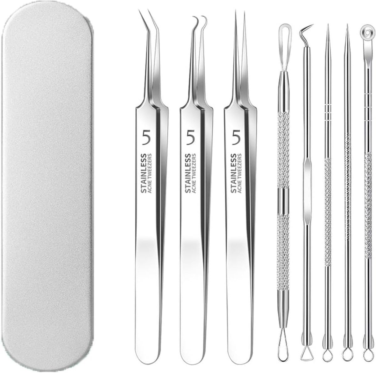 Thijox - 8 stuks mee-eterverwijderaarset - Professionele roestvrijstalen puistjespopper kit voor acne, mee-eters en whiteheads - Comedone extractorger