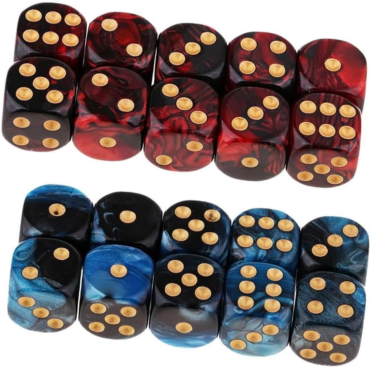 SnelShoppen - D6 Dobbelstenen Set van 20 Stuks, 16 mm Acryl Speel Dobbelstenen voor Rollenspellen, Tafelspellen, Zwart-Rood en Zwart-Blauw