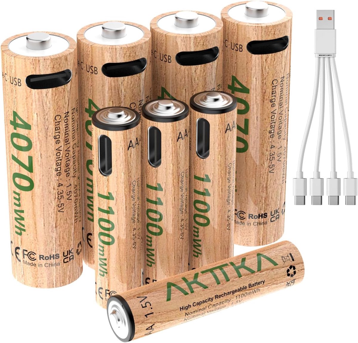 SnelShoppen - Oplaadbare AA en AAA Lithium Batterijen 1.5V - 4×AA 4070mWh + 4×AAA 1100mWh - USB-C Opladen met 1-op-4 Kabel - Voor Afstandsbediening, W