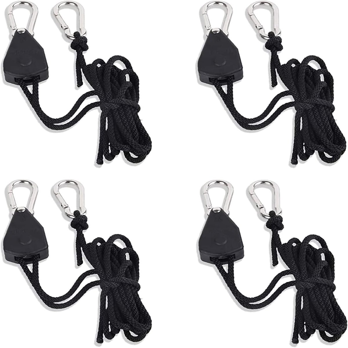 SnelShoppen - 4 Stuks Verstelbare Ratchet Touw met Karabijnhaak, Duurzaam Nylon, Voor Planten, Camping, Tenten, Luifels, Zwart
