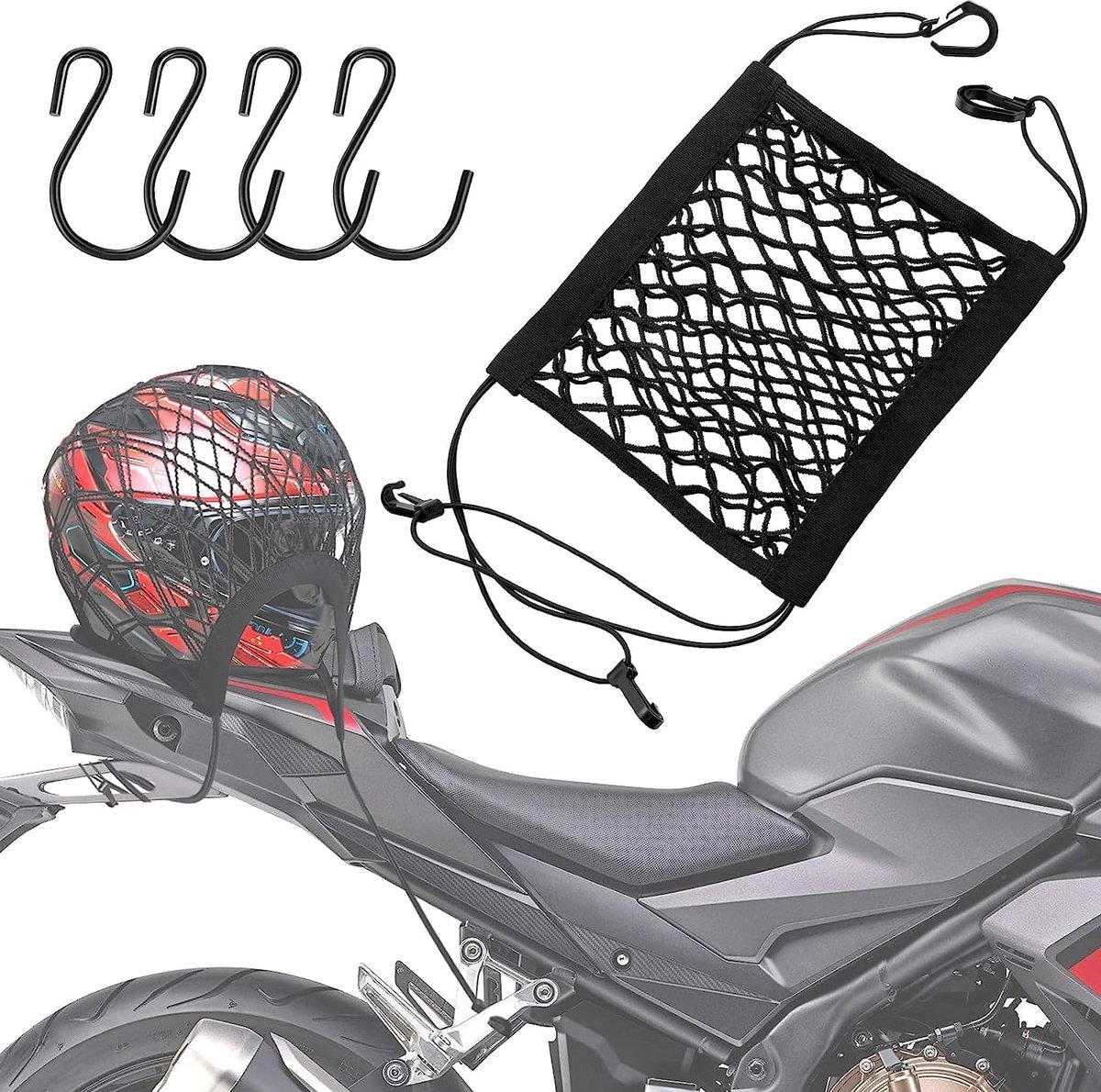SnelShoppen - Motorcycle Luggage Net met 4 Haken - Verstelbare Helmnet voor Motorfiets en Fiets - Ideaal voor Extra Opbergruimte en Veilig Transport
