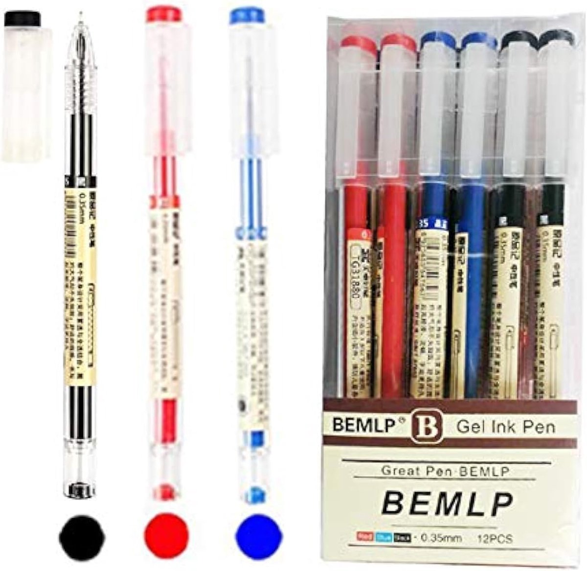 SnelShoppen - Gel Inkt Pen 0.35mm Extra Fijne Punt Viltstiften Balpen Sneldrogend 12 Stuks (4 Zwart, 4 Blauw, 4 Rood) Perfect voor School Kantoor Crea