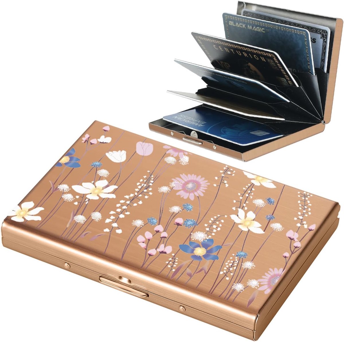 SnelShoppen - RFID Blocking Credit Card Holder - Slimmetalen Portemonnee met 6 Kaartslots - Voor Mannen en Vrouwen - Roze Goud met Bloemenpatroon
