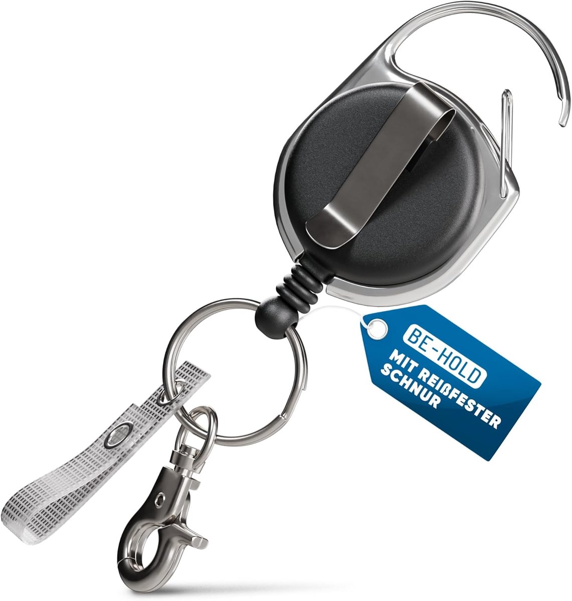 SnelShoppen - Sleutelhanger met sterke veer, ID-houder, scheurbestendige koord, sleutelring, bevestiging met riemclip of karabijnhaak, 60 cm bereik