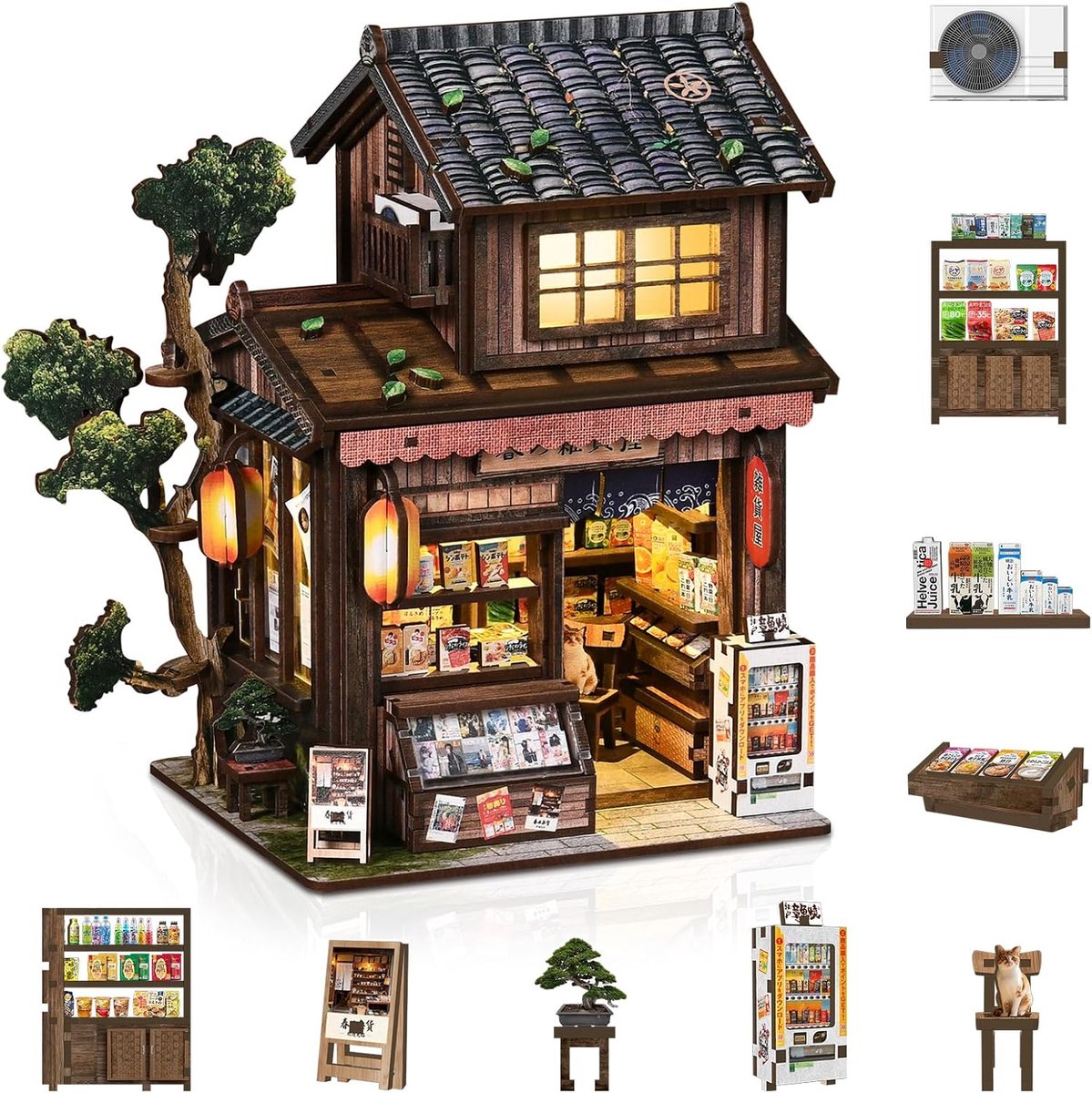 SnelShoppen - Miniatuurset voor Volwassenen, DIY Modelbouwset Lente Winkel met Meubels, Creatief Knutselen, Houten Decoratie voor Plank, Origineel Cad