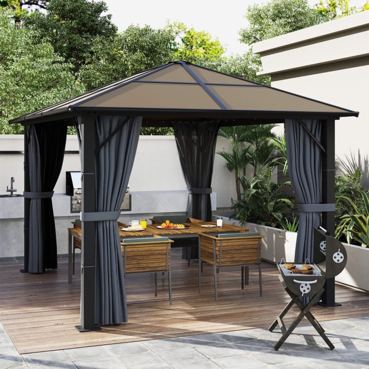 FloraGrace Paviljoen – Polycarbonaat Dak 3 x 3 m – Aluminium En Polyester – Donkergrijs – Met Gordijnen En Muggengaas – Vrijstaand