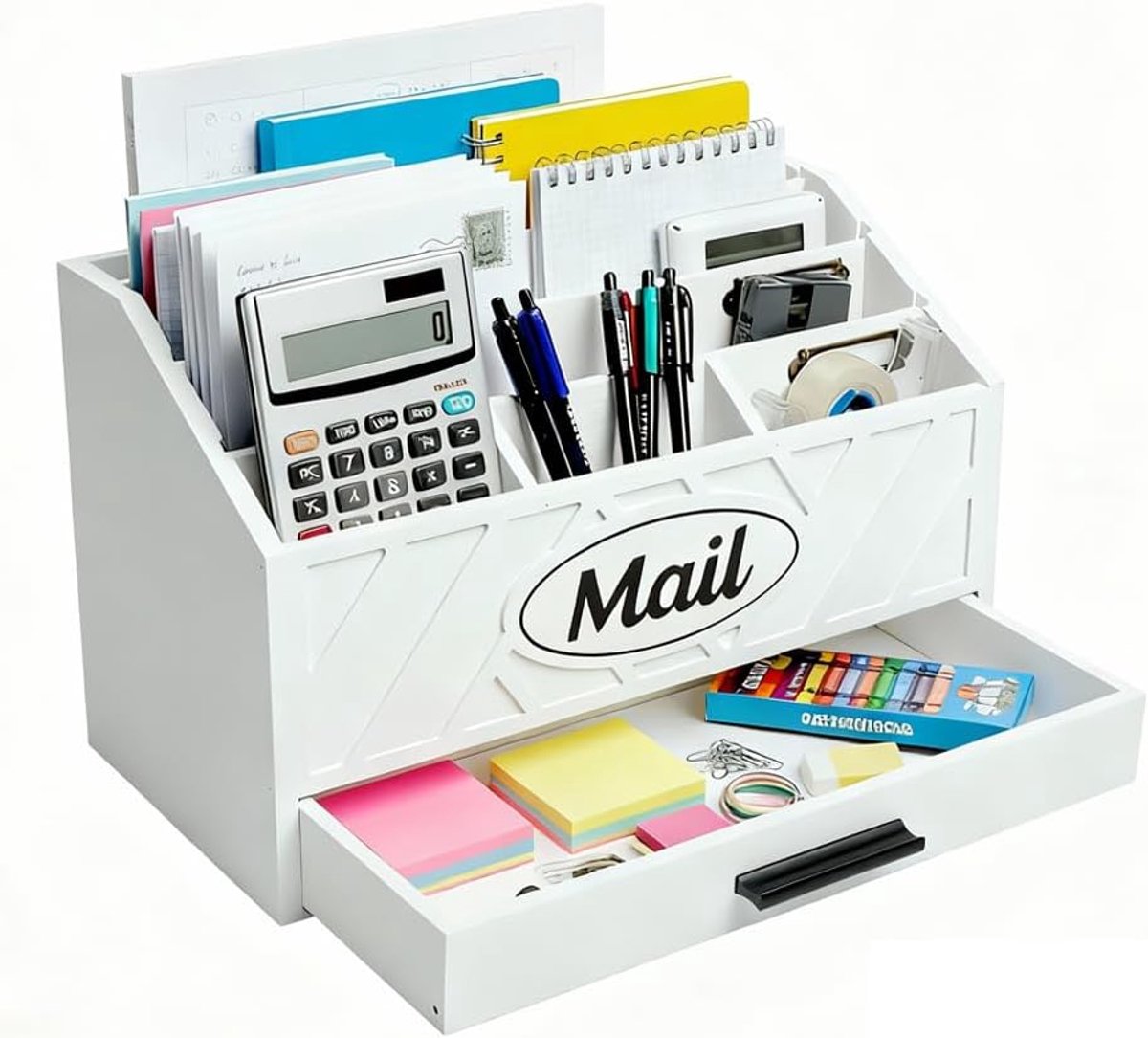 SnelShoppen - Houten Bureau Email Organizer met 6 Compartimenten en Laden voor Kantoor, School, Documenten, Wit, Hout, Desk Organizer