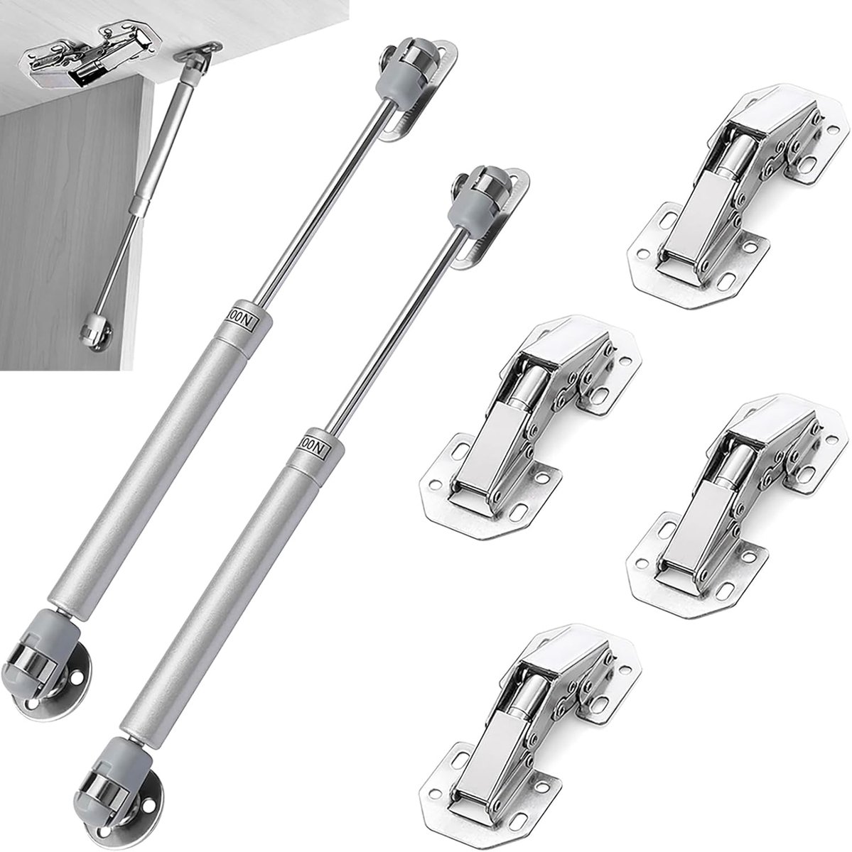SnelShoppen - Hinged Cabinet Door met 100N Pneumatische Damper - 4 Houten Deur Scharnieren en 2 Gasveren - Voor Keuken, Kast & Kledingkast - Geluidslo