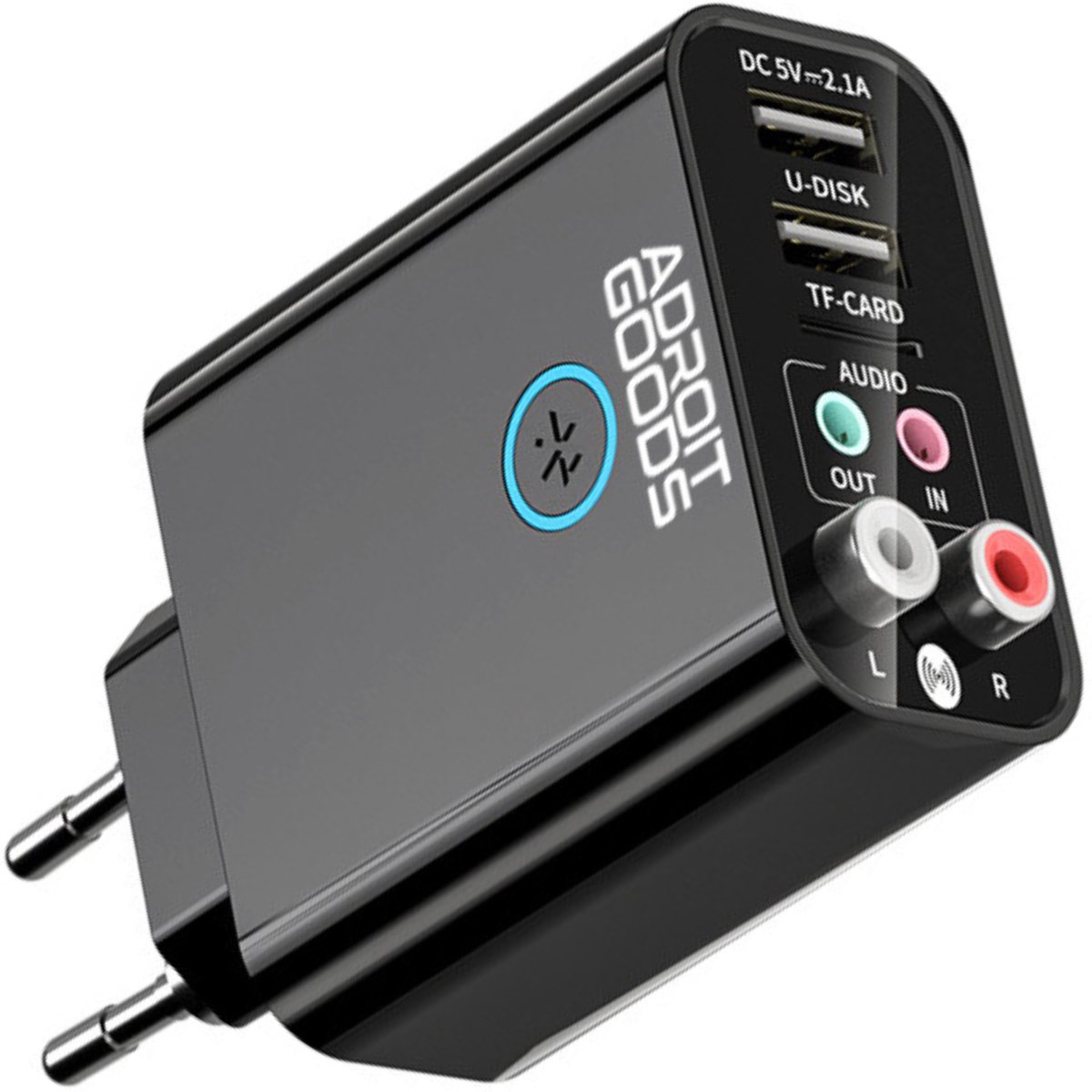 AdroitGoods Bluetooth 5.3 Audio Adapter RX/TX met AUX & RCA, USB/TF Muziekspeler, 2.1A Snellader, App & Afstandsbediening, Universeel 220V