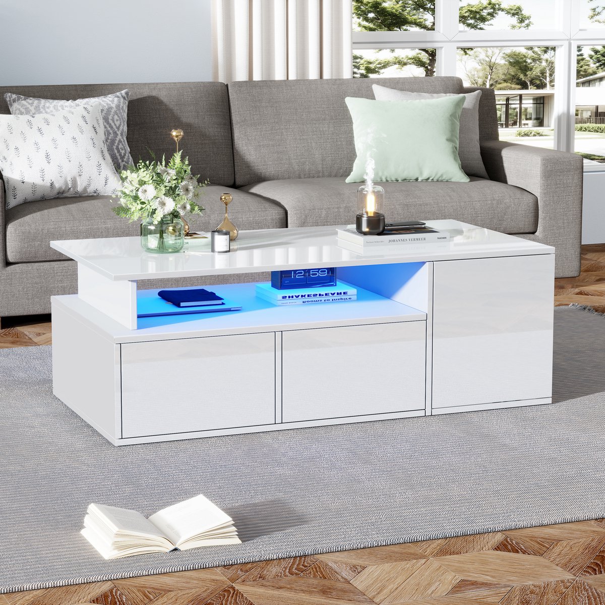 COVREO Salontafel 100x50x35 cm - wit, hoogglans, LED-verlichting, 2 lades en opbergruimte