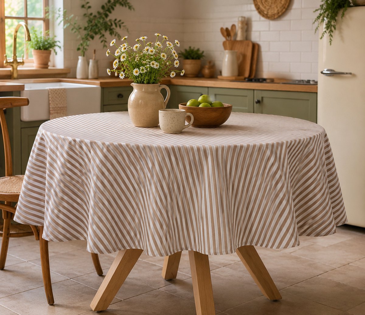 Vlekbestendig Rond Tafelkleed – Stijlvol, Fris & Praktisch katoenen tafellaken streep 155 cm taupe