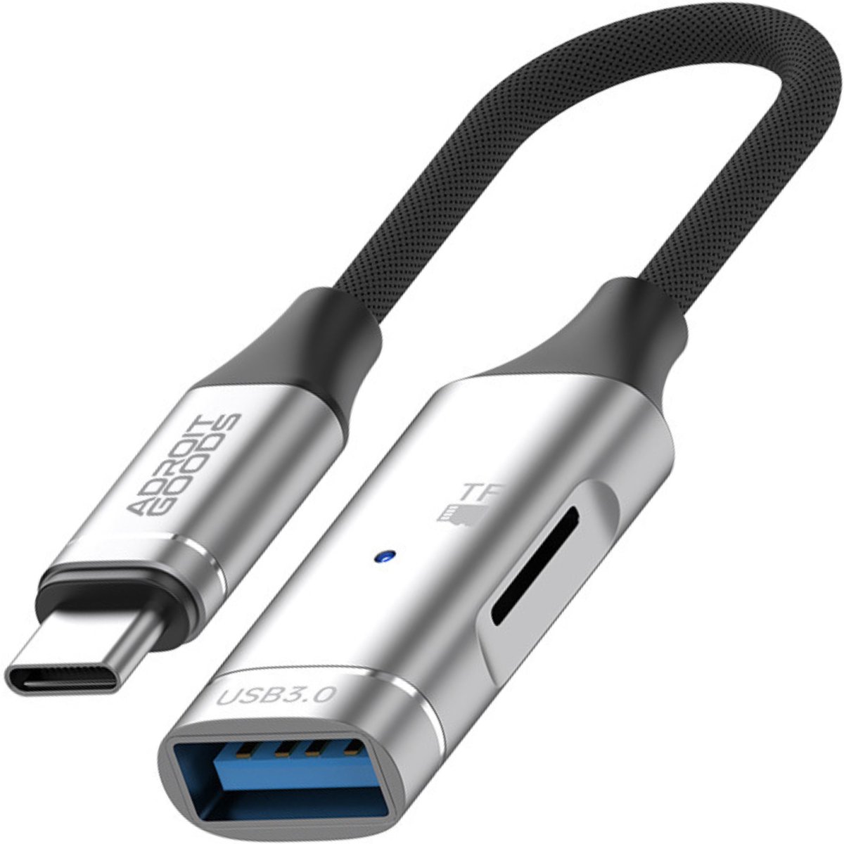 AdroitGoods USB-C naar USB-A OTG Adapter met TF Kaartlezer – USB 3.0 5Gbps – Compacte 2-in-1 Hub – OTG Dongle voor Laptop Smartphone Tablet – Plug & Play - Silver
