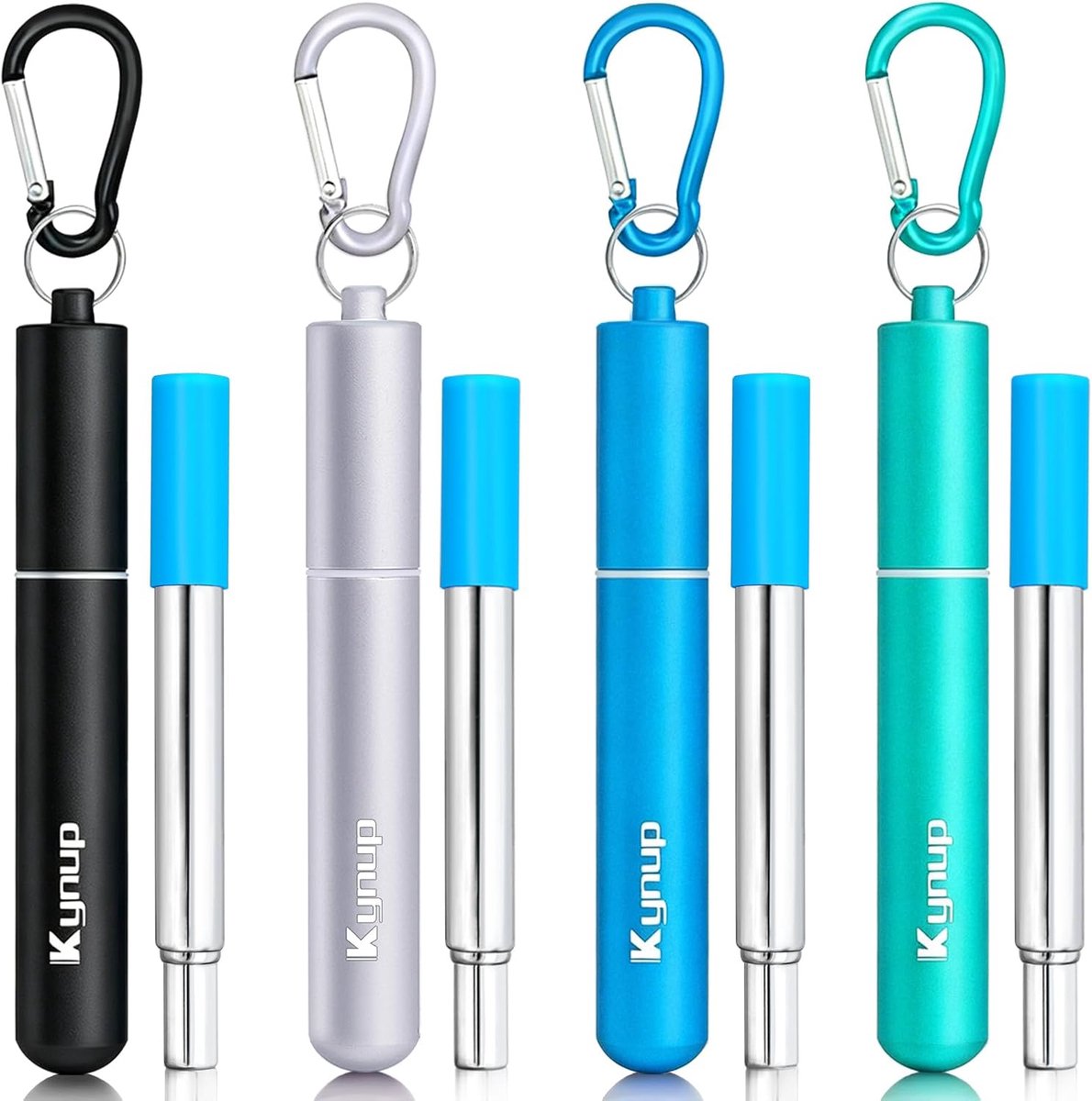 SnelShoppen - Herbruikbare RVS Rietjes Set van 4, Vouwbare Rietjes met Opberghoes, Sleutelhanger en Schoonmaakborstel, 6mm Diameter, Tot 23cm, Ideaal