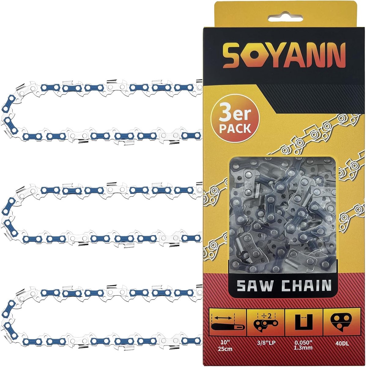 SnelShoppen - 3 Stuks 25cm Zaagkettingen 40TG 1.3mm 3/8"LP Laag Kickback Ketting, Professionele Vervangingsketting voor Houtbewerking, Geschikt voor D