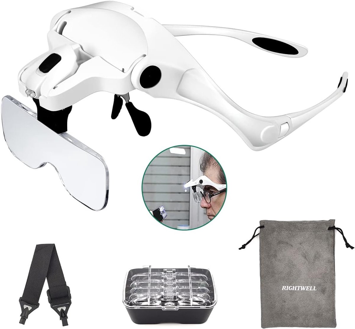 SnelShoppen - Loupe Bril met Licht - Handfree Vergrootglas met 2 LED Lampen - 5 Verwisselbare Lensen (1-3.5X) voor Hobby, Elektriciens, Juweliers, Naa