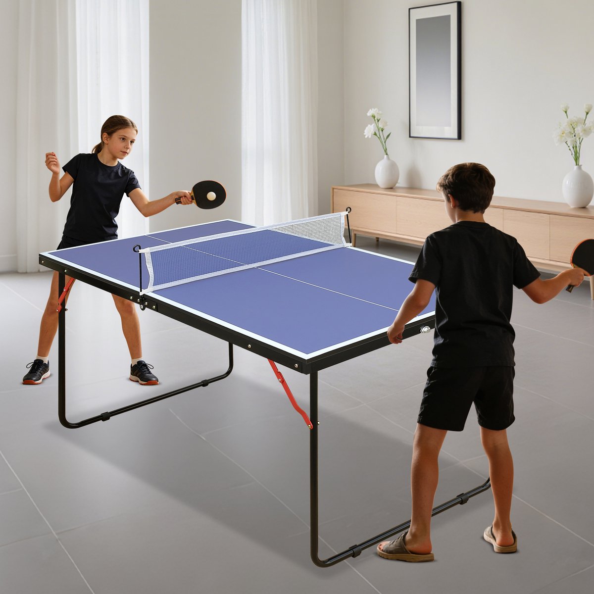 COVREO Tafeltennistafel 137,2x76,2x66 cm - opvouwbaar MDF, blauw, met net, 2 bats en 3 ballen