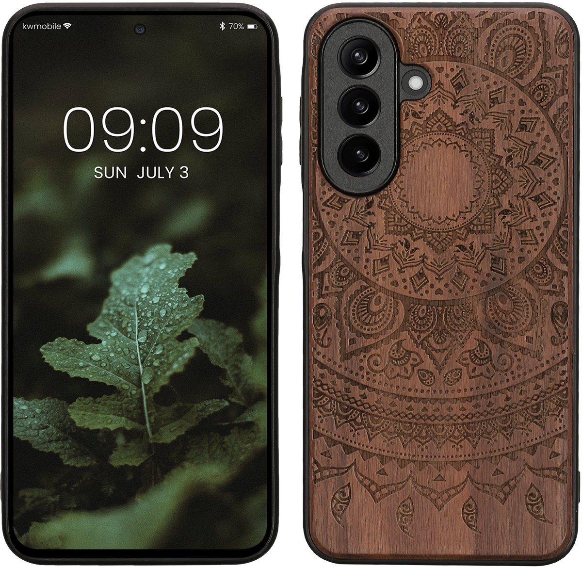 kwmobile telefoonhoesje geschikt voorSamsung Galaxy A27 5G - Hoesje met bumper - hout - In donkerbruin Indian Sun design