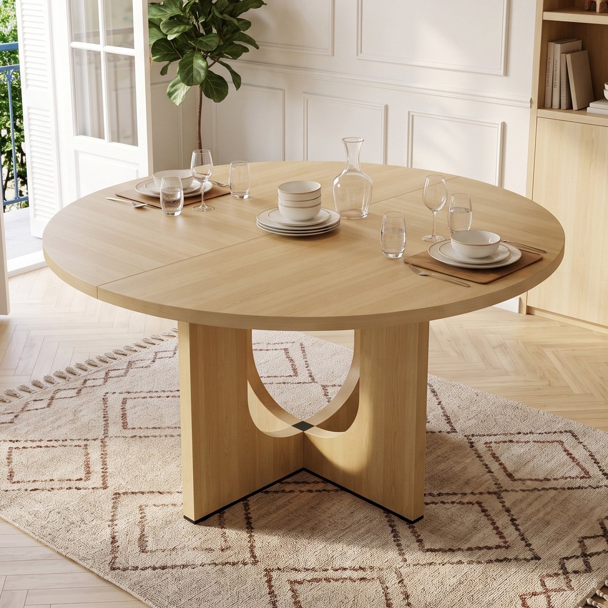 Welltin Ronde Eettafel - Keukentafel - 120x120x75 cm - Geschikt voor 4-6 personen - Uimtebesparende - Eenvoudig te monteren - Keukentafel voor Eetkamer - Eikenkleur