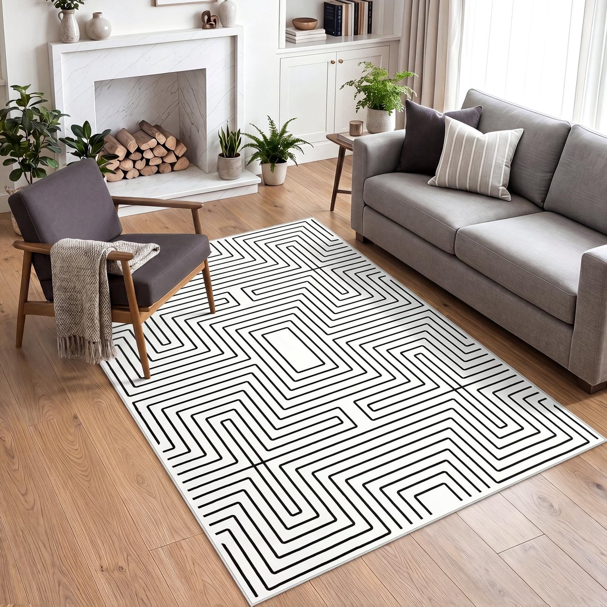LITTLE TREE Wasbaar platgeweven vloerkleed - 160 × 230 cm - Abstract zwart-wit geometrisch - Antislip Oeko-TEX - Voor woonkamer en kantoor - Zwart-wit