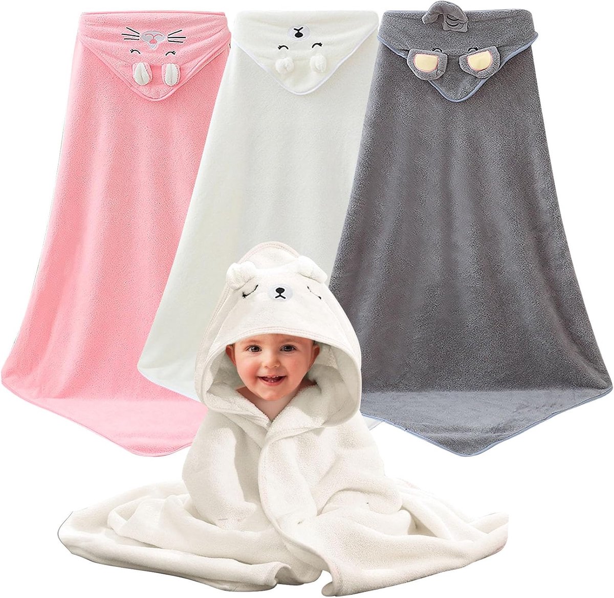 SnelShoppen - Baby Badcape met Capuchon, 3 Stuks, Zachte en Absorberende Babyhanddoek van Koraal Velours, 80 x 80 cm, Geschikt voor Pasgeborenen en Ki
