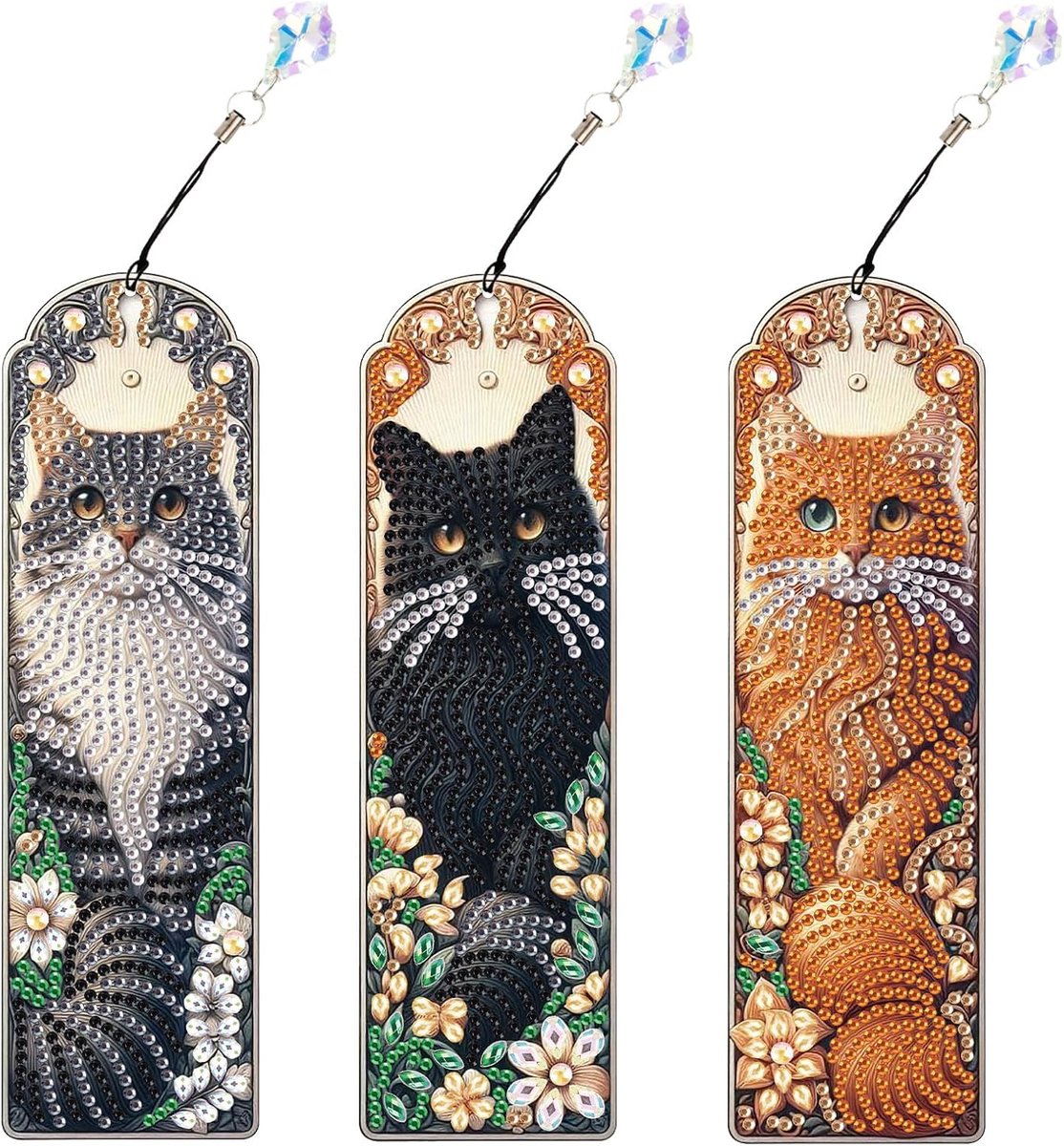 SnelShoppen - Set van 3 Diamant Schilderen Boekmerken - Creatieve Knutselset met Drie Katten - Dierlijke Diamant Schilderkunst - Handwerk voor Volwass