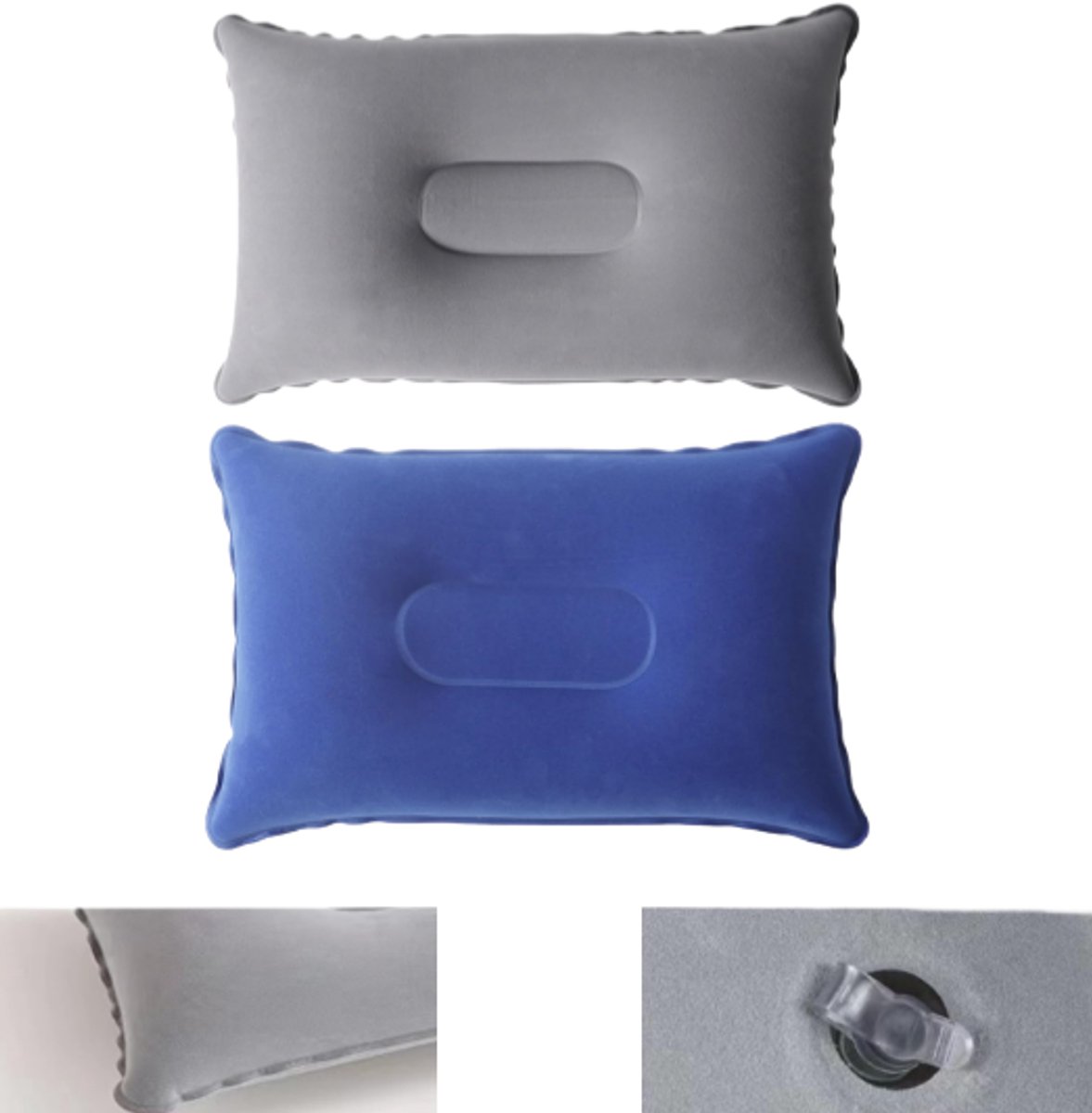 Reiskussen - Ultralicht kussen - Campingkussen - Draagbaar - Opblaasbaar - Geschikt voor kamperen, wandelen en andere buitenactiviteiten - Set van 2 - 34*22 cm - Grijs/Koningsblauw