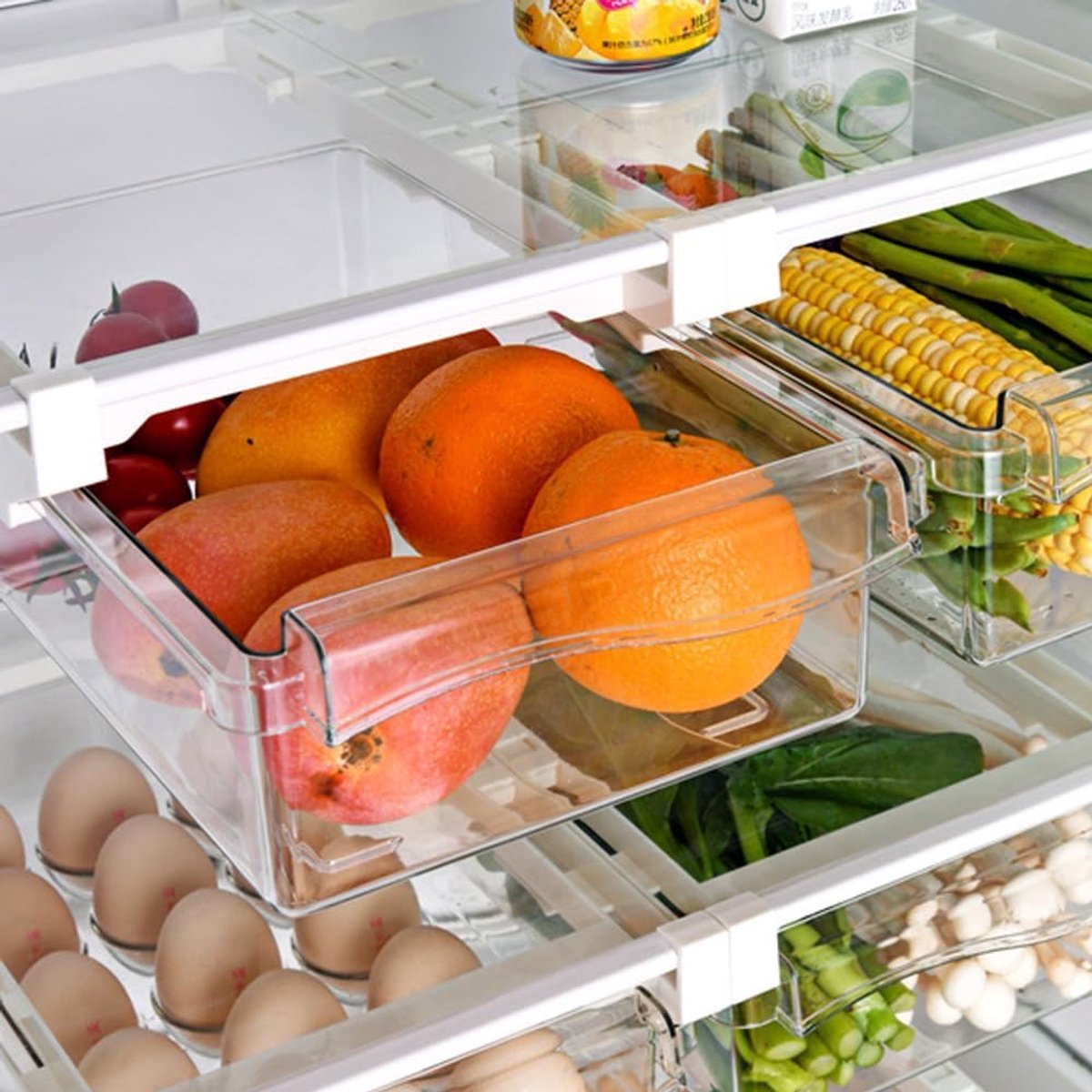 SnelShoppen - Fridge Organiser Lades Set van 2 - Uittrekbare Groenten En Fruit Opslagdozen - Keuken Organizer Voor Koelkast - Duurzaam PET & ABS - Ide