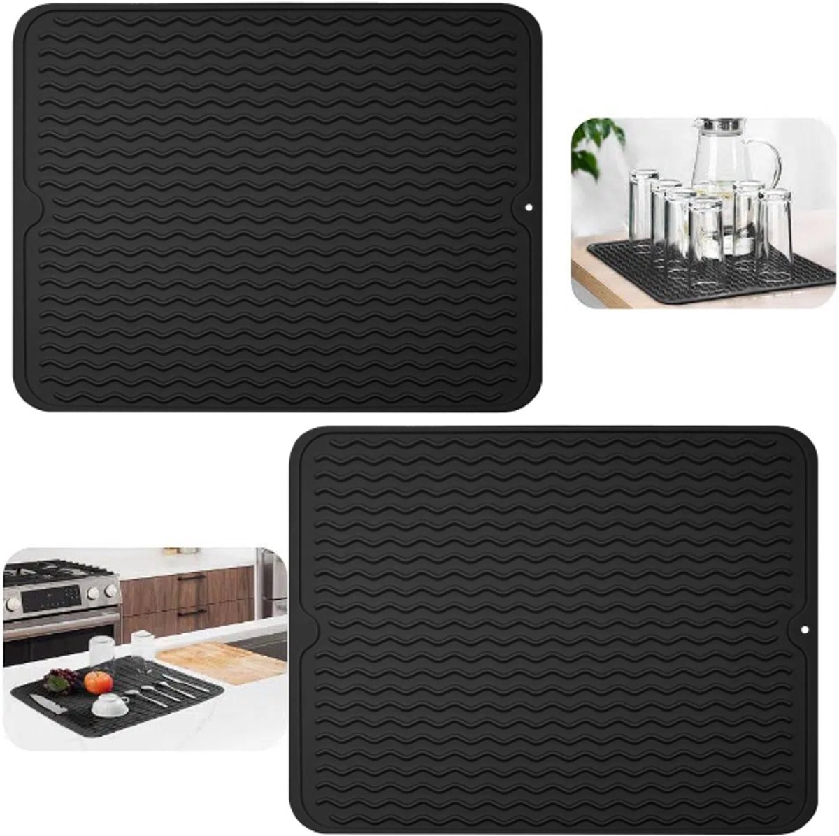 Tweedelig set - Siliconen afdruipmat - Antislip, hittebestendige afdruipmat - Afdruipmat voor servies - Placemat - Afdruipmat wijnglazen - Mat voor airfryer/oven - Zwart - 30x40 cm - Geschikt voor keukenbladen