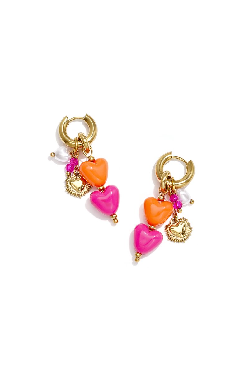 Oorhangers Dames - Stainless Steel - Hartjes met Gekleurde Bedels - Goudkleur - Waterproof - Dames sieraden - Cadeau voor dames - Oorbellen met gekleurde hartjes