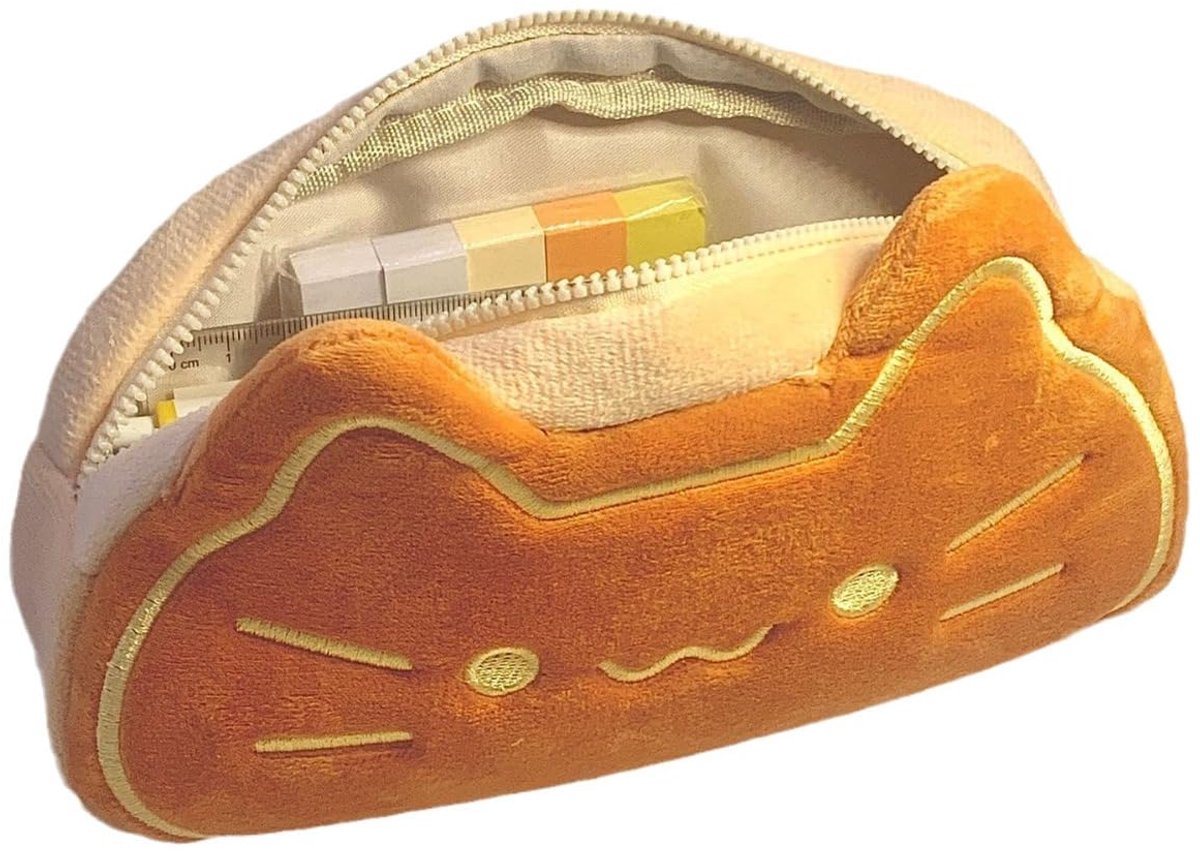 Namajunas - Pennenzak - Pluchen potloodzakje met kattenprint - Geschikt voor jongens en meisjes - School spullen - Grote capaciteit - Cadeau voor kinderen - Potloodzakje in kattenvorm in carameltint - Geschikt voor gebruik op school
