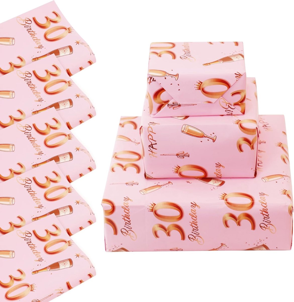 SnelShoppen - Verjaardags Inpakpapier 30 Jaar, 5 Vellen 70x50cm, Roze Goud, Confetti en Kroon, Feestelijke Verpakking voor Vrouwen en Mannen, Recycleb