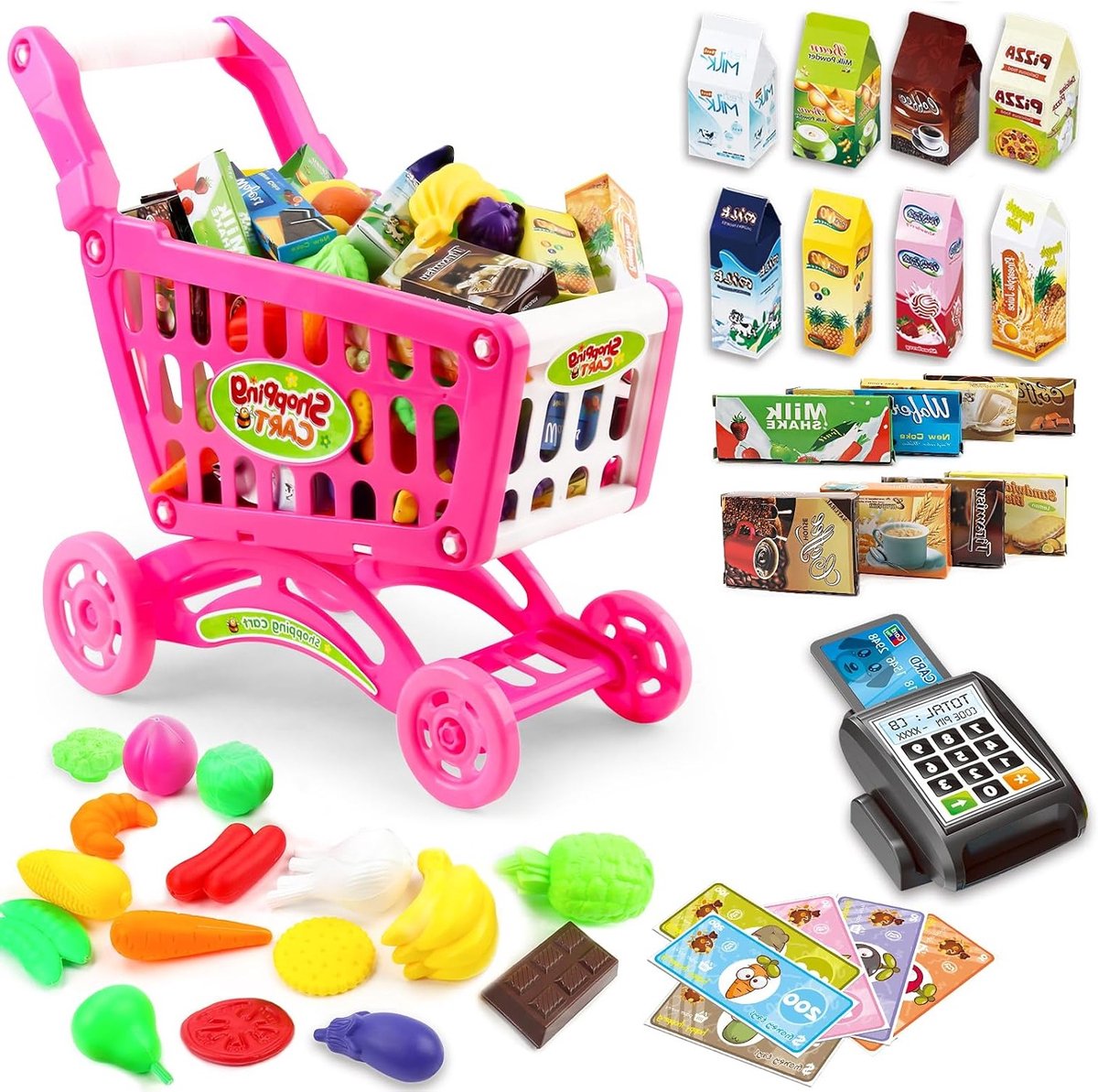 Speelgoed Winkelwagentje voor Kinderen met 78 Voedsel en Groente Accessoires - Speelset voor Jongens en Meisjes (Roze)