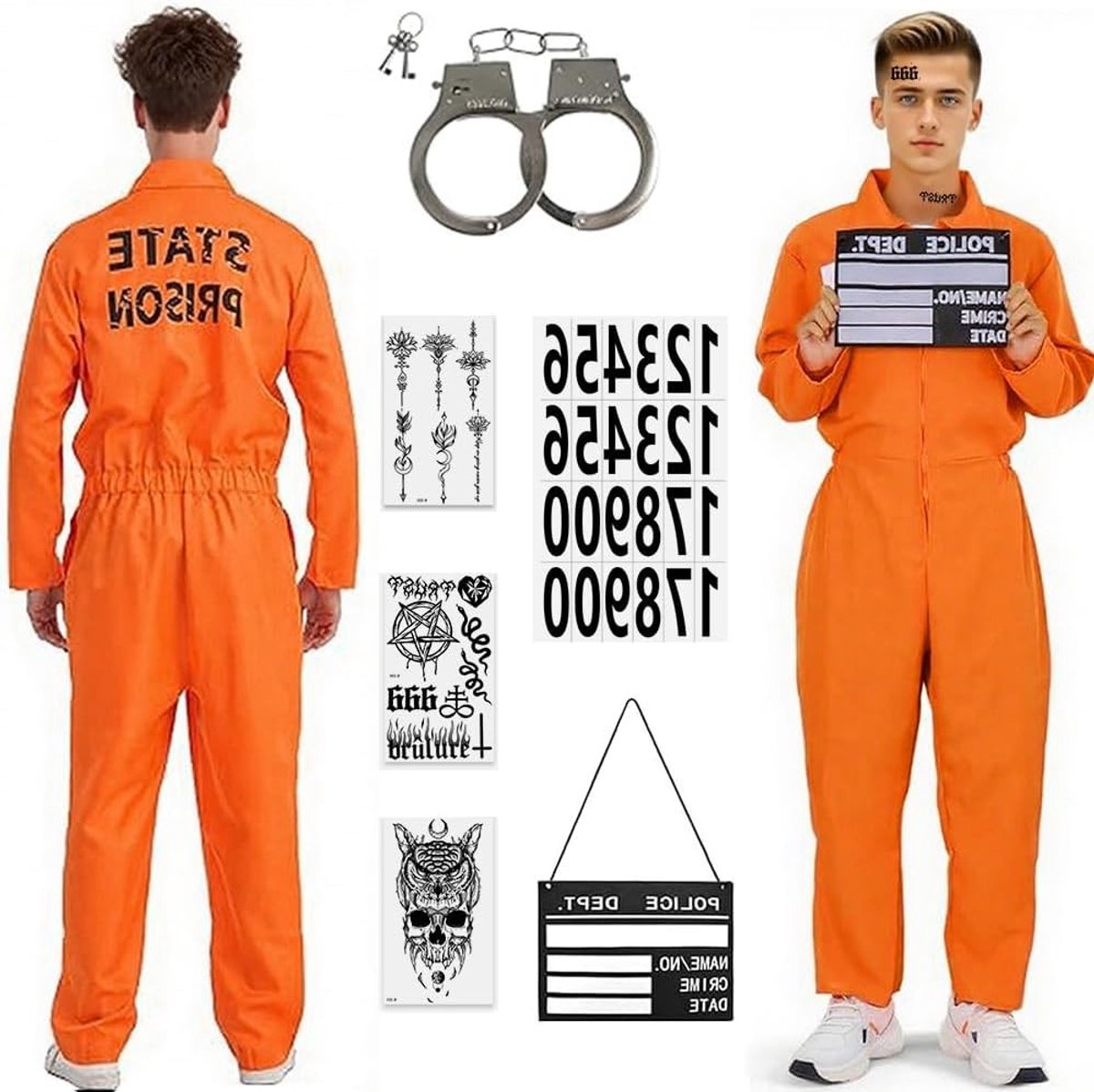Oranje gevangeniskostuum voor mannen en vrouwen met naamlabel en handboeien voor Halloween en carnaval, ideaal voor cosplay en feestjes