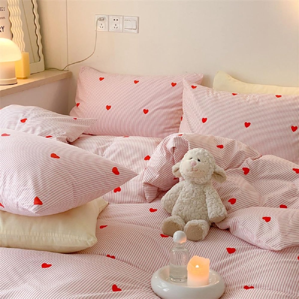 SnelShoppen - Bedlinnen 200x200 cm voor Kinderen - Roze Hartjespatroon - Striped Microvezel Dekbedovertrek met Rits en 2 Kussenslopen 80x80 cm - Oeko-