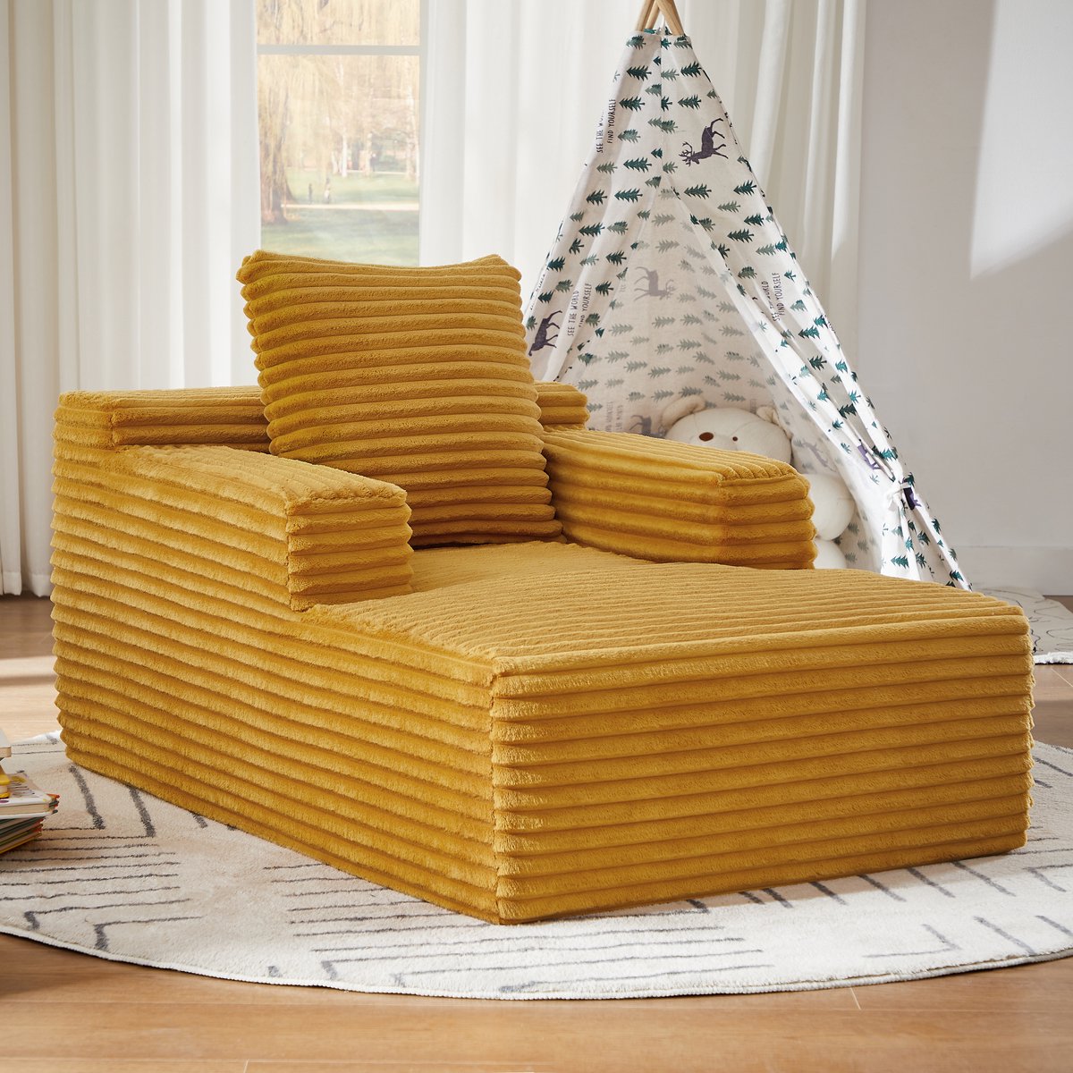 HAUSS SPOLE Chaise Longue - Moderne Ribstof Relaxstoel - Met Armleuningen En Zonder Montage - Voor Woonkamer, Bureau En Appartement - Ribstof Geel