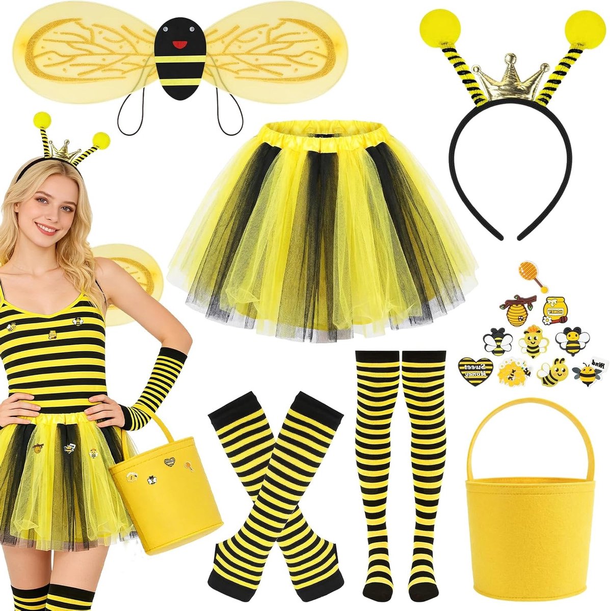 Volledige Bijen Kostuum Set voor Volwassenen met Hoofdband, Handschoenen, Vleugels en Accessoires voor Carnaval en Themafeesten