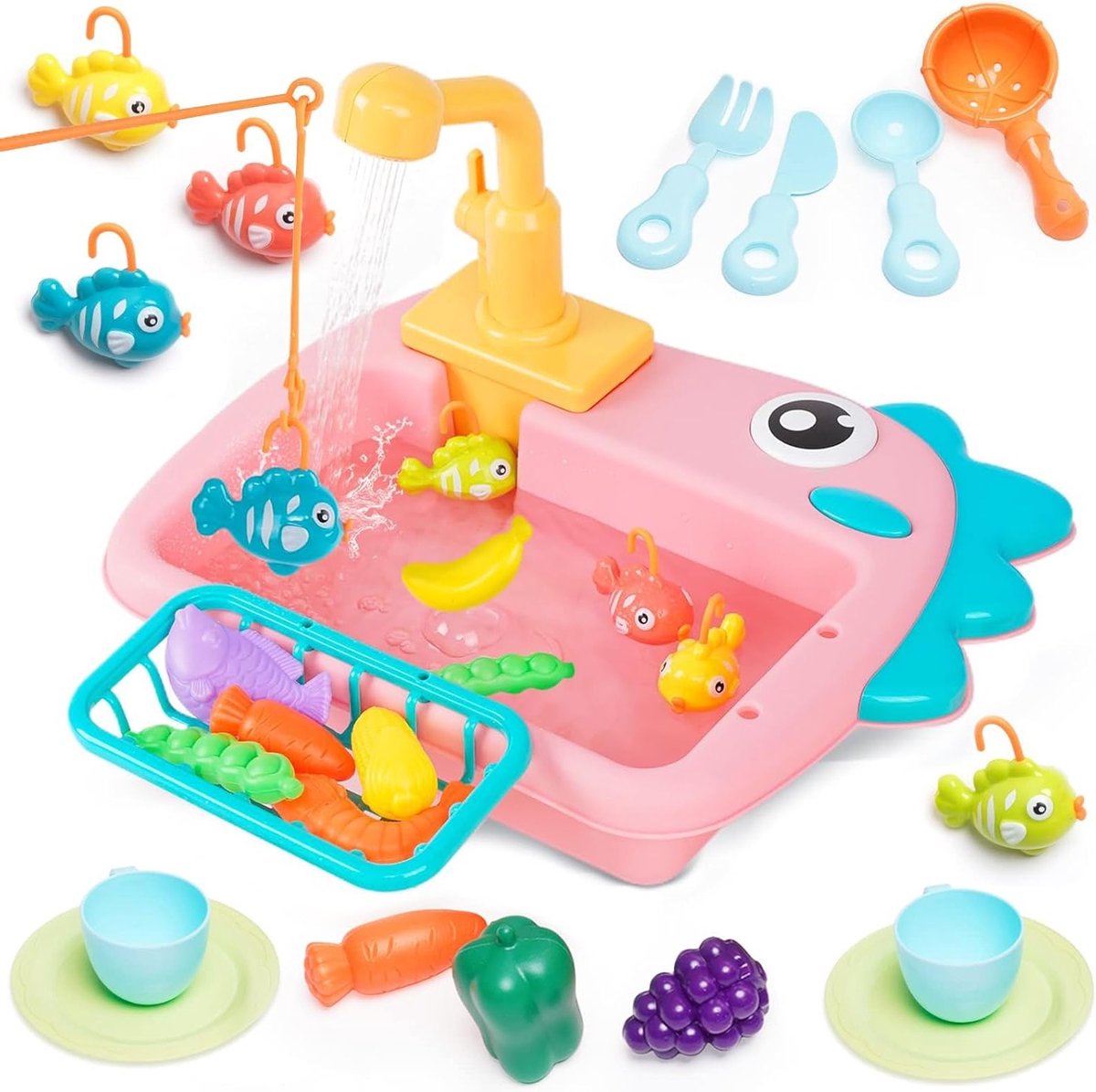 Speelkeuken met Watercircuit, Afwasmachine, Basin en Keukenaccessoires voor Rollenspel en Visserij Spel