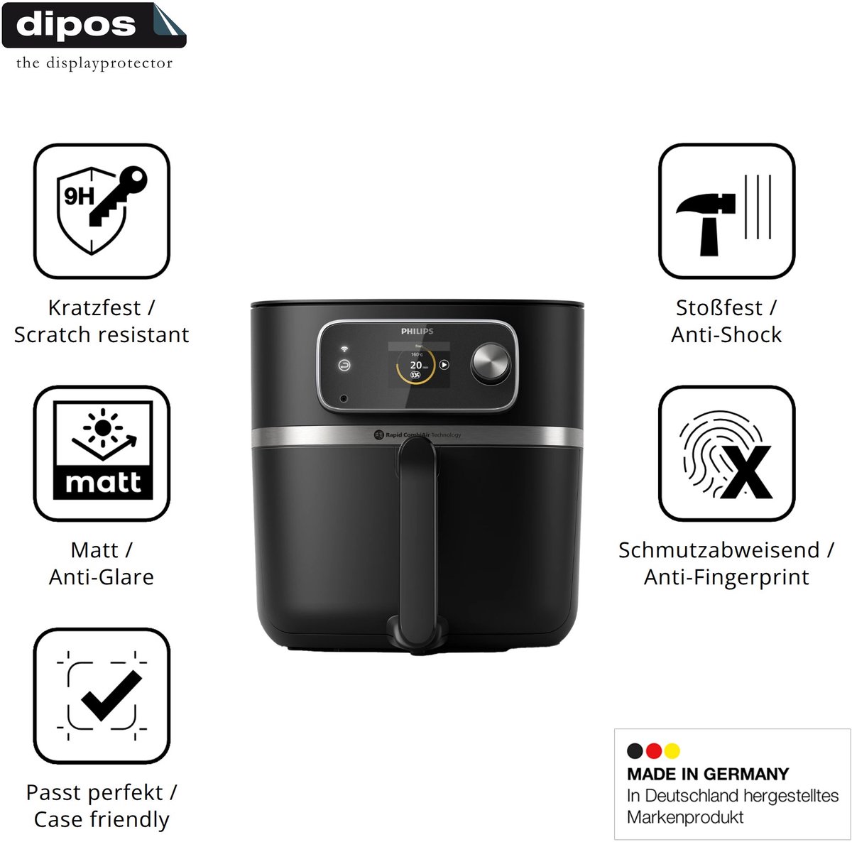 dipos – 2x Matte Pantserfolie geschikt voor Philips Airfryer HD9880/90 | 9H Screenprotector