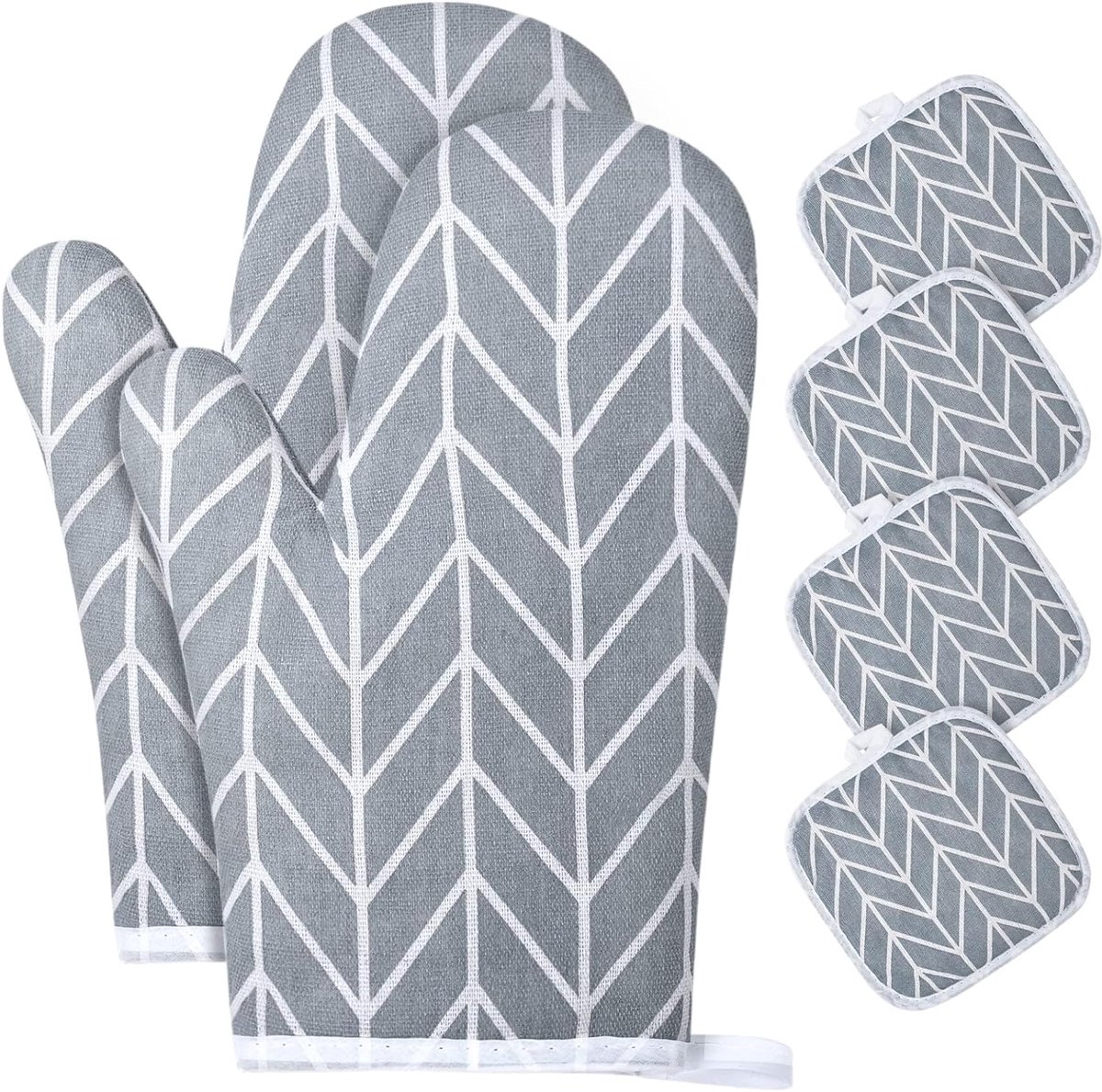 SnelShoppen - Ovenwanten Set met 4 Pannendragers - Katoenen Hittebestendige Ovenhandschoenen tot 180°C - Grijs - Ideaal voor Koken, Bakken, Grillen en