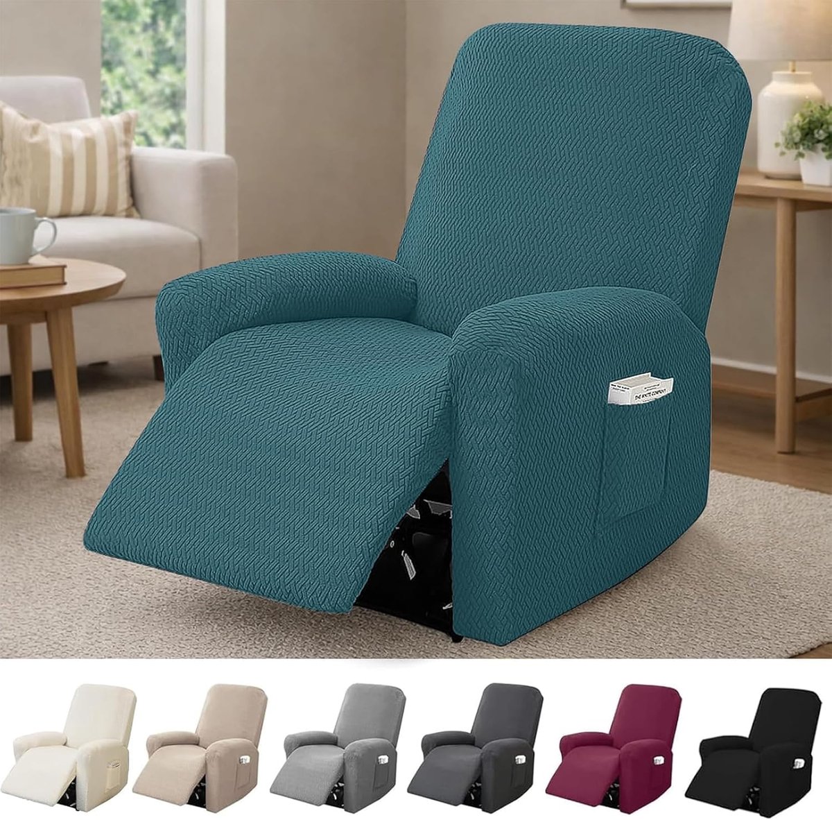 SnelShoppen - Stoelhoes 1 Persoon, Elastische Fauteuil Covers met Pocket, Jacquard Beschermhoes voor TV Fauteuil en Relaxfauteuil (Donkergroen, 4-deli