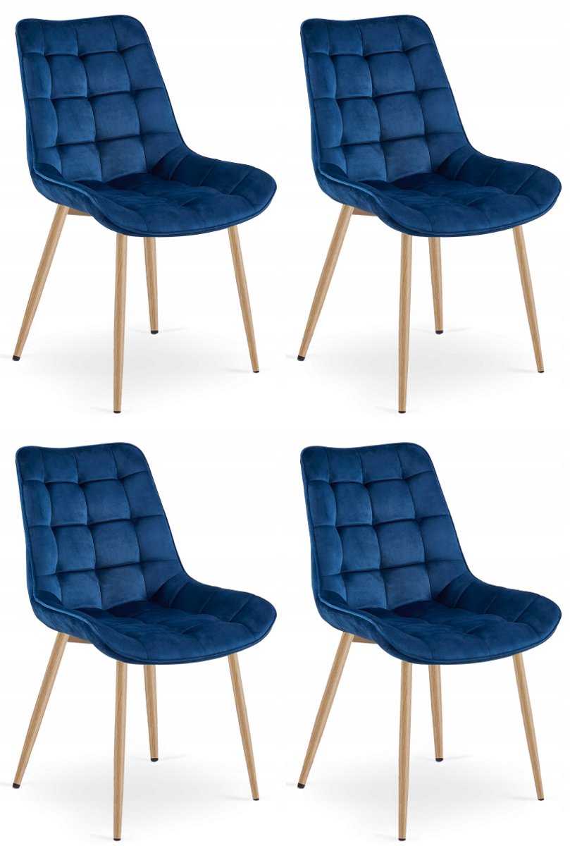 Oskar Set van 4 Eetkamerstoelen BERA – Donkerblauw Velvet / Fluweel – Gestoffeerde Zitting – Metalen Poten in Eikenlook – Modern Scandinavisch Design – Voor Eetkamer, Keuken en Woonkamer