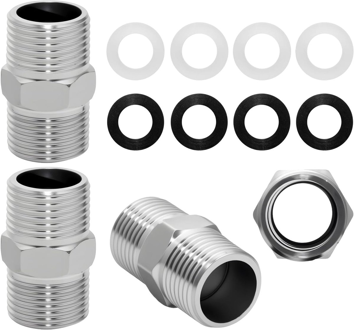 SnelShoppen - Double Nipple 1/2 Inch RVS - 4pcs Douche Slang Verlengadapter met 8 Stuks Afsluitringen voor Flexibele Slang en Douche Slang