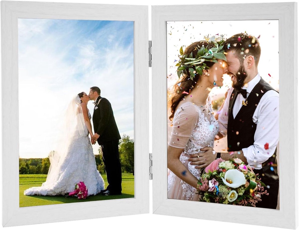 SnelShoppen - Dubbele Vouw Fotolijst - 12,5 x 17,5 cm - Verticaal - Met Scharnier - Voor 2 Foto's - Collage voor Kantoor - Wit