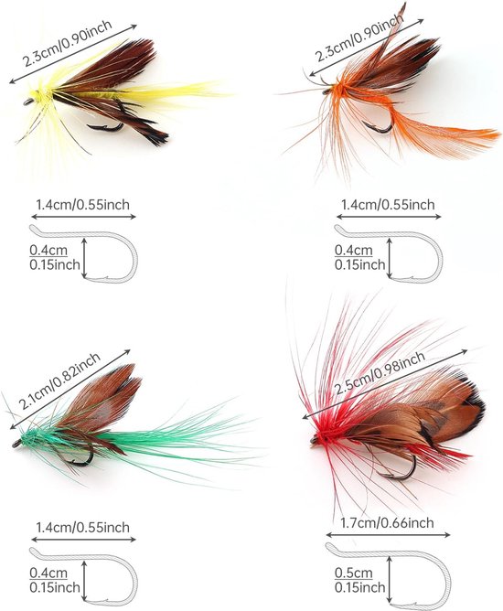 SnelShoppen - 12pcs Vlindervissen - Handgemaakte Vissnoeren voor Baars, Panfish, Forel, Zalm - Levensgetrouwe Vliegvissen met Kleurrijke Veren — afbeelding 3