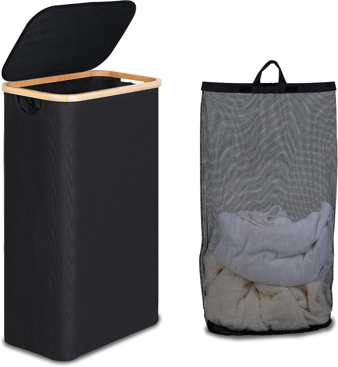 SnelShoppen - Smalle Wasmand met Deksel 75L - Vouwbare Wasmand met Bamboe Handvatten - Wasmand voor Badkamer, Keuken, Slaapkamer - Wasbare Binnenzak -