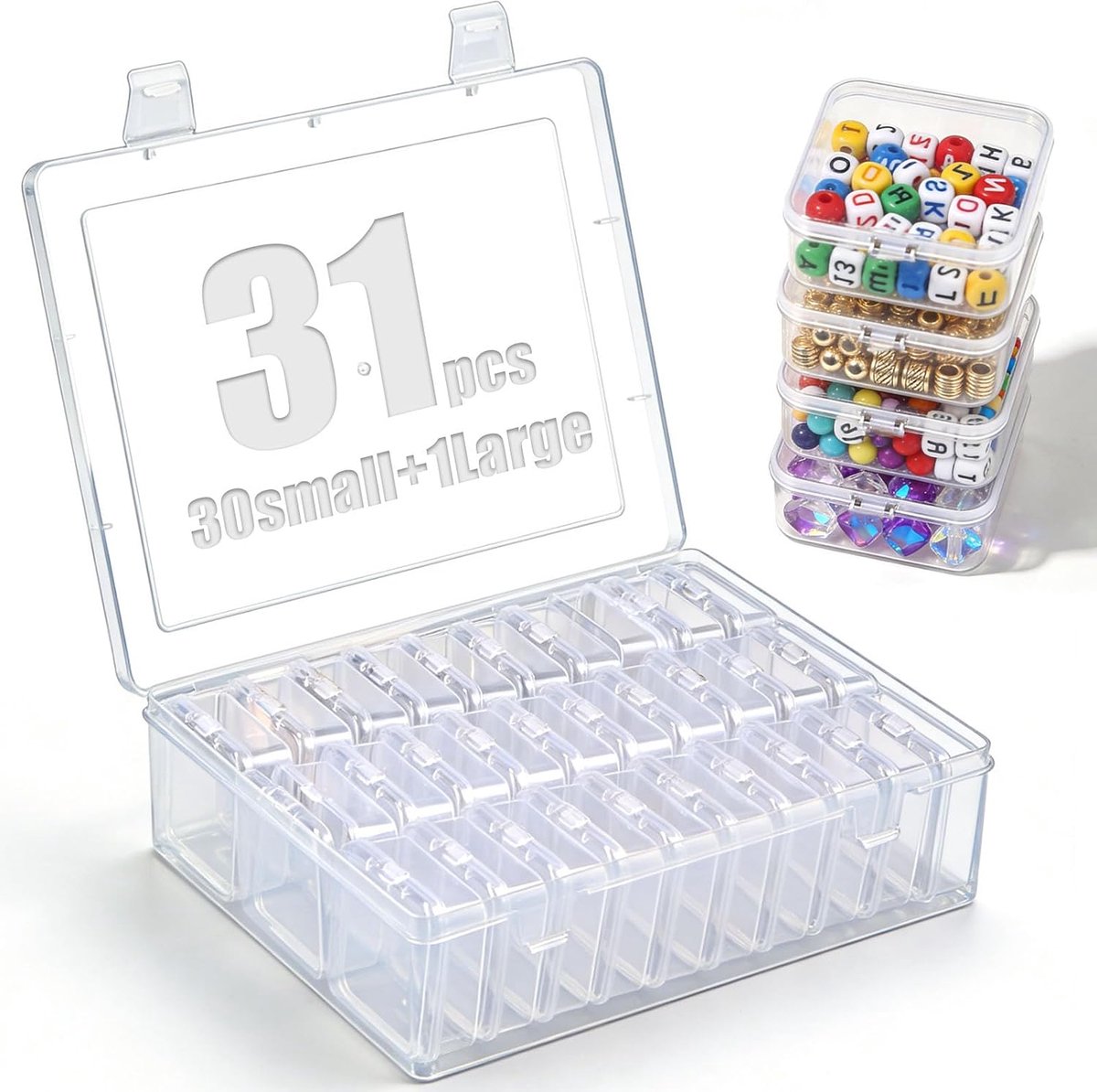 SnelShoppen - Set van 31 Opbergdozen voor Kleine Onderdelen, Transparante Sorteringsboxen (5.5 x 5.5 x 2 cm) voor Kralen, Sieraden, Organisatie, Desk,