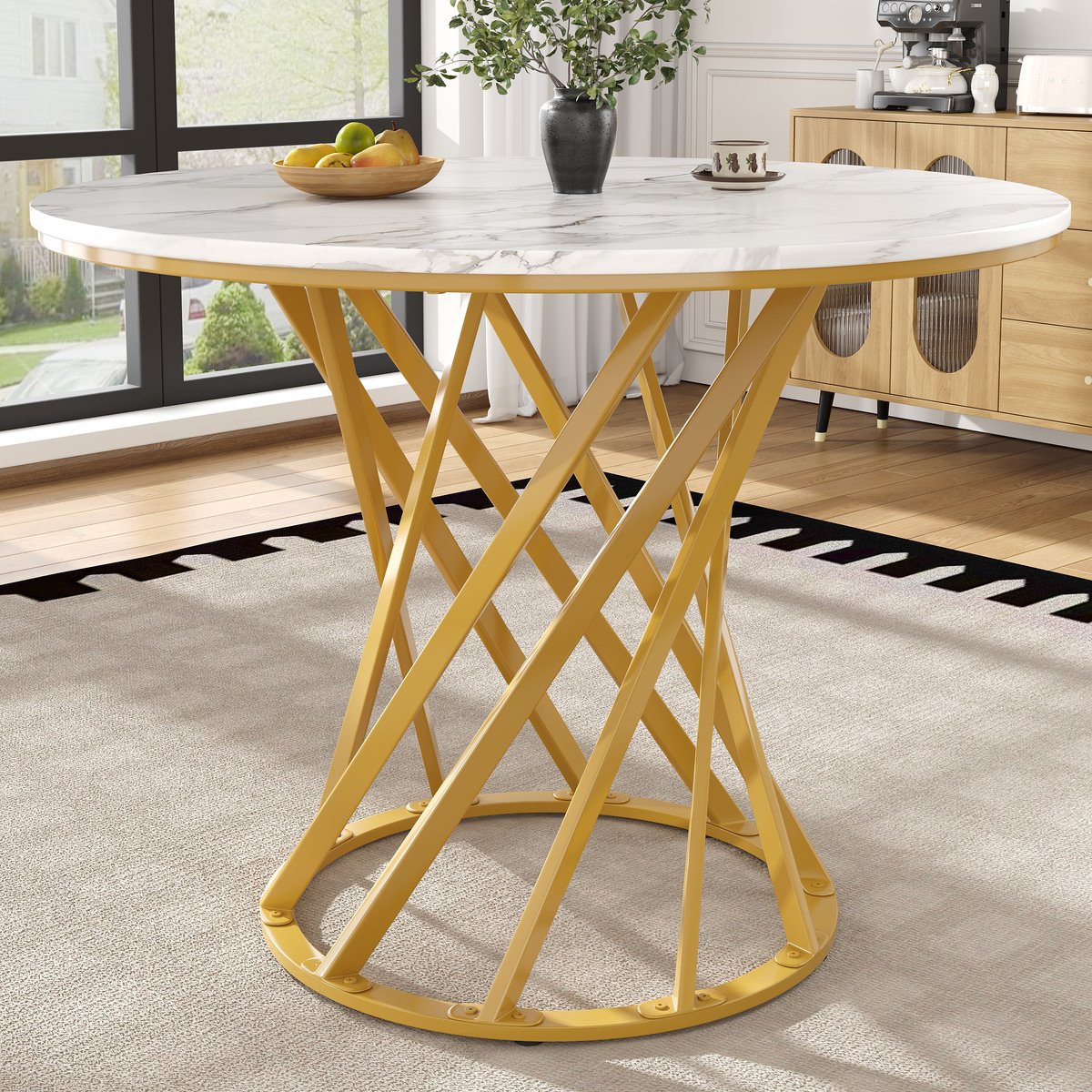 COVREO Ronde eettafel 80x80x76 cm wit marmerlook fineer met gouden metalen poten voor 4 personen